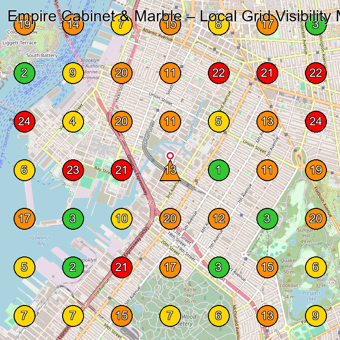 Empire Cabinet & Marble Construction Company GeoGrid ranking map for Brooklyn NY